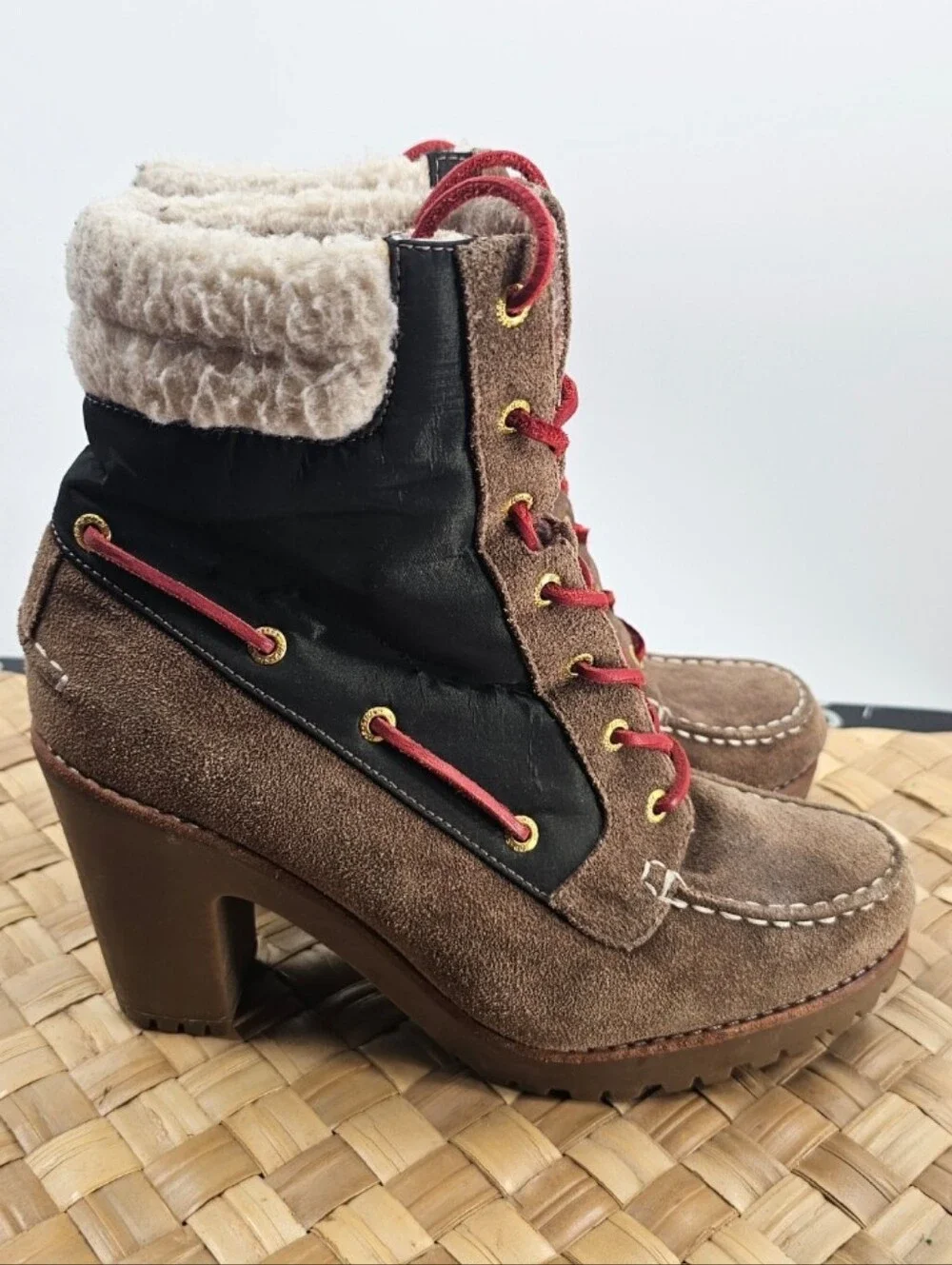 Sperry Brown Shearling-Lined High-Heel Lace-Up Boots Size 8.5